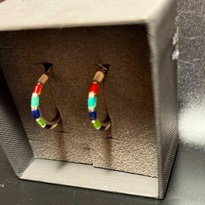 Vintage Sterling silver inlay multi genuine gemstone hoop earrings